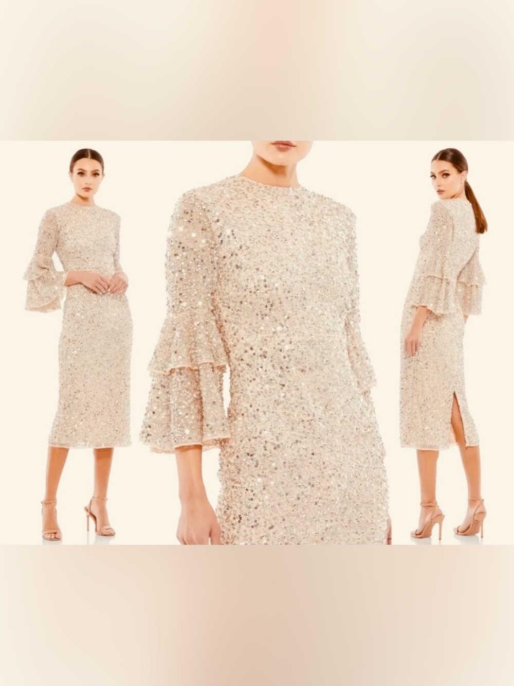 MAC Duggal MIDI Nude Size 22 Hand Beaded Mesh Overlay 3/4 Bell Sleeve #10802